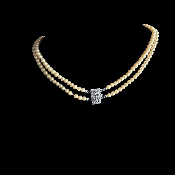 Vtg Sterling 925 Box Clasp Faux Cream Pearl Double-Strand 14" Art Deco Necklace - Picture 2 of 16